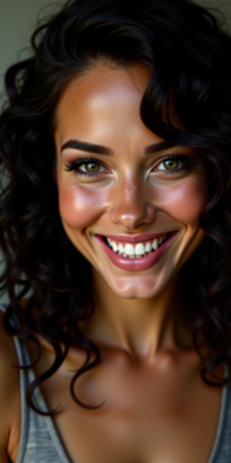  A beautiful lady with nature smile her face,wavy black hairs ,ultrarealistic slight freckless dark makeup hyperdetailed photography soft light head and shoulder portrait cover