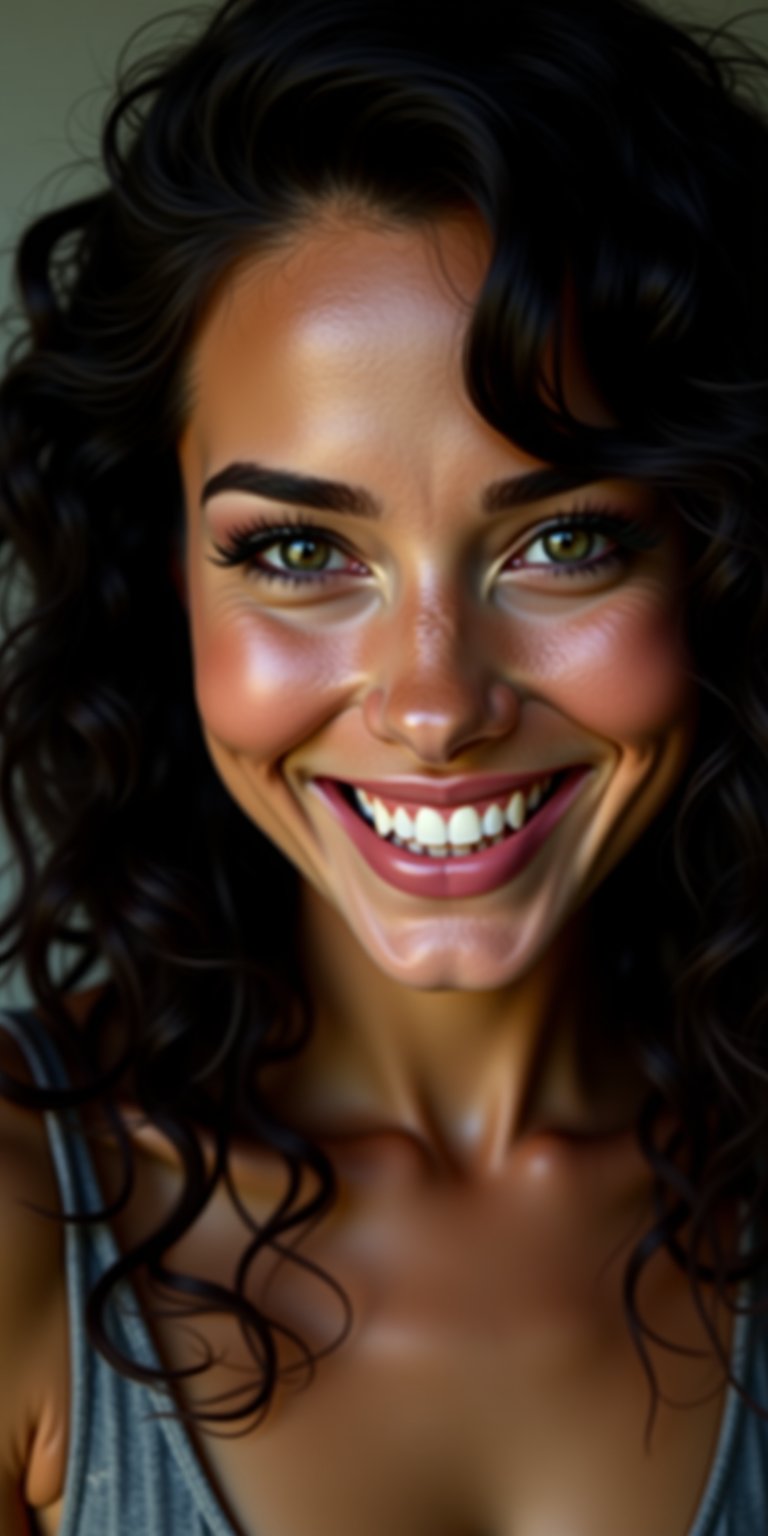  A beautiful lady with nature smile her face,wavy black hairs ,ultrarealistic slight freckless dark makeup ,waering har  and glasess hyperdetailed photography soft light head and shoulder portrait cover