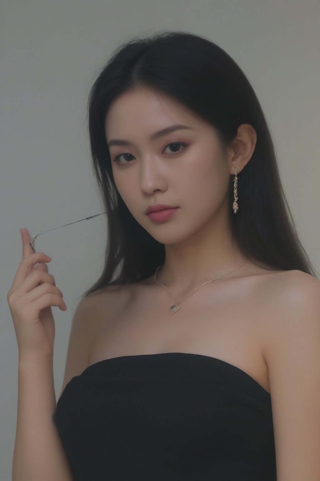 1girl, solo, long hair, looking at viewer, smile, black hair, brown eyes, jewelry, closed mouth, collarbone, upper body, earrings, lips, facial mark, forehead, standing bich, forehead mark, realistic, arrow \(symbol\)