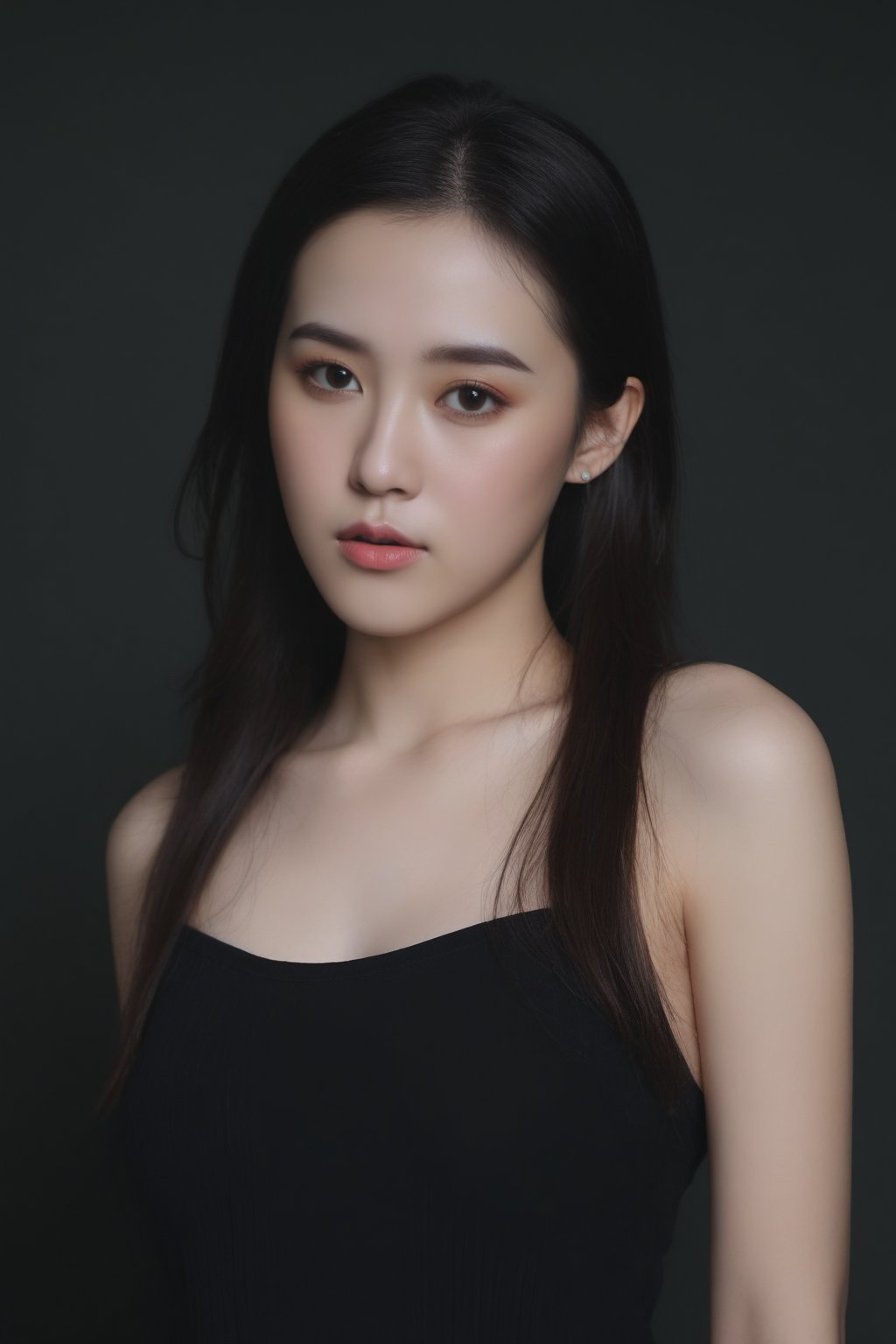 1girl, solo, long hair, looking at viewer, smile, black hair, brown eyes, jewelry, closed mouth, collarbone, upper body, earrings, lips, facial mark, forehead, standing bich, forehead mark, realistic, arrow \(symbol\)