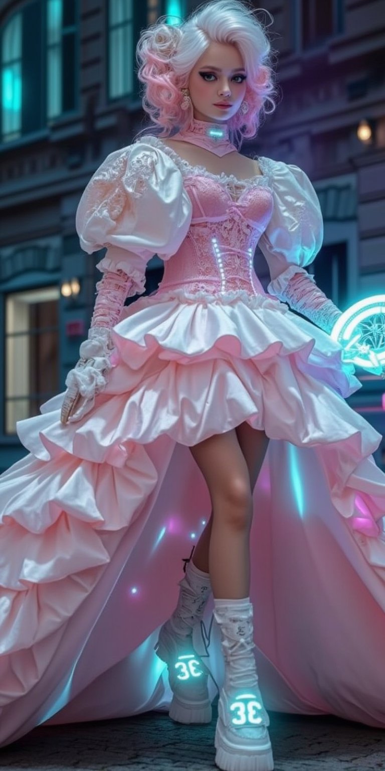 1girl,Nordic girl in Neo-Rococo cyberpunk Lolita fashion. Extravagant pastel-colored dress with oversized, ruffled skirt. Elaborate lace patterns interwoven with glowing fiber optics. Puffy sleeves with holographic accents. Corset-style bodice featuring miniature LED displays and touch-sensitive panels. Hair in high, complex updo with cybernetic accessories and neon streaks. Pale skin with subtle, iridescent makeup. Chunky platform shoes with built-in screens. Ornate handheld fan doubling as a holographic projector. Delicate cybernetic implants visible at temples and wrists. Background hints at futuristic baroque-inspired setting,MasterF,sagawa,FuturEvoLab-lora-mecha,goth person, ct-nijireal