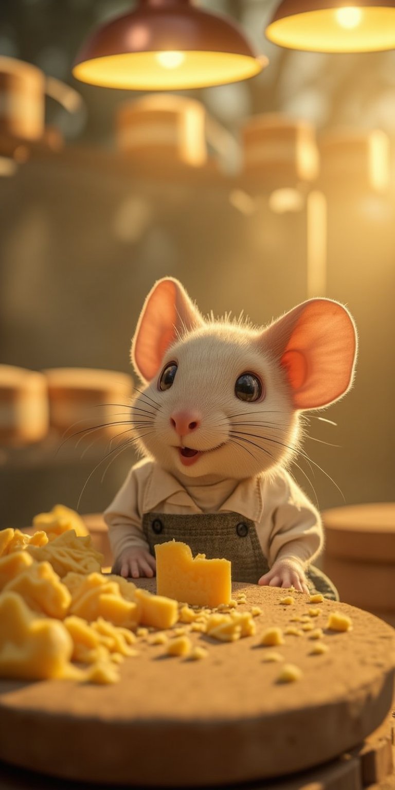 Stunningly detailed, hyper-realistic anthropomorphic mouse cheese maker rendered in a high quality 16K UHD masterpiece. The mouse, with a chibi style design, wears an adorable smile and has a cute, graceful face. The cartoon-like illustration features an emotionally charged scene in the background, where a themed environment shows the challenges and triumphs of a cheesemaking journey. The picture was shot in RAW format, which further enhances the dynamic plot and ultra-realistic details.

