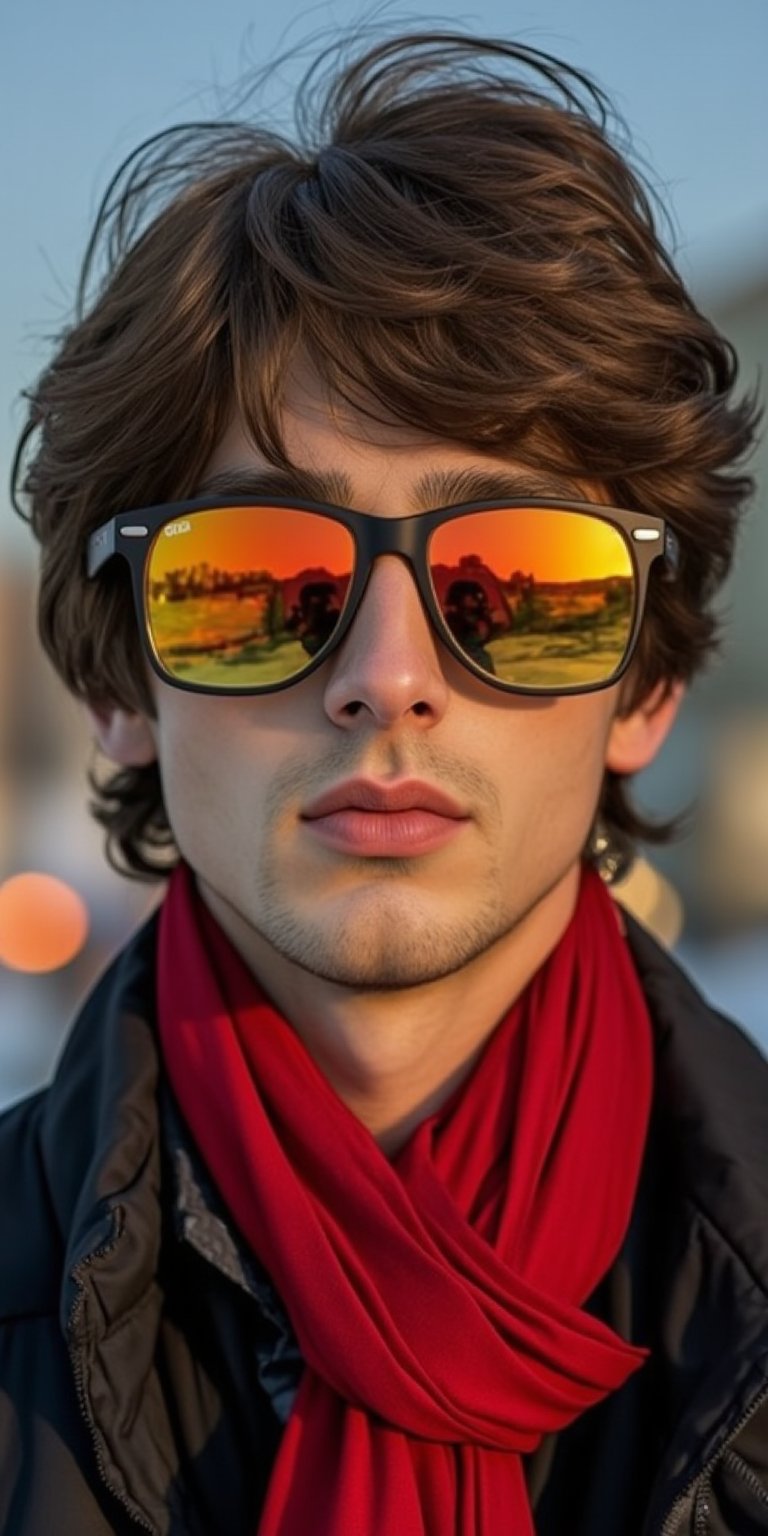 a close-up shot of a man's face is adorned with eye-level glasses, adorned with orange and yellow reflective lenses. The man's eyes are covered in a reflective glare, adding a pop of color to his face. His hair is a mix of brown and black, adding texture to the overall composition. He is wearing a red scarf, a black shirt, and a black vest. The background is blurred, creating a stark contrast to the man's facial features.