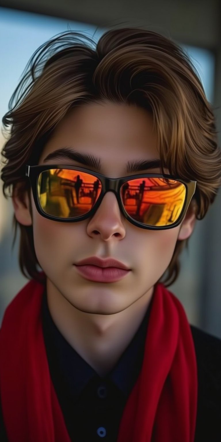 a close-up shot of a man's face is adorned with eye-level glasses, adorned with orange and yellow reflective lenses. The man's eyes are covered in a reflective glare, adding a pop of color to his face. His hair is a mix of brown and black, adding texture to the overall composition. He is wearing a red scarf, a black shirt, and a black vest. The background is blurred, creating a stark contrast to the man's facial features.