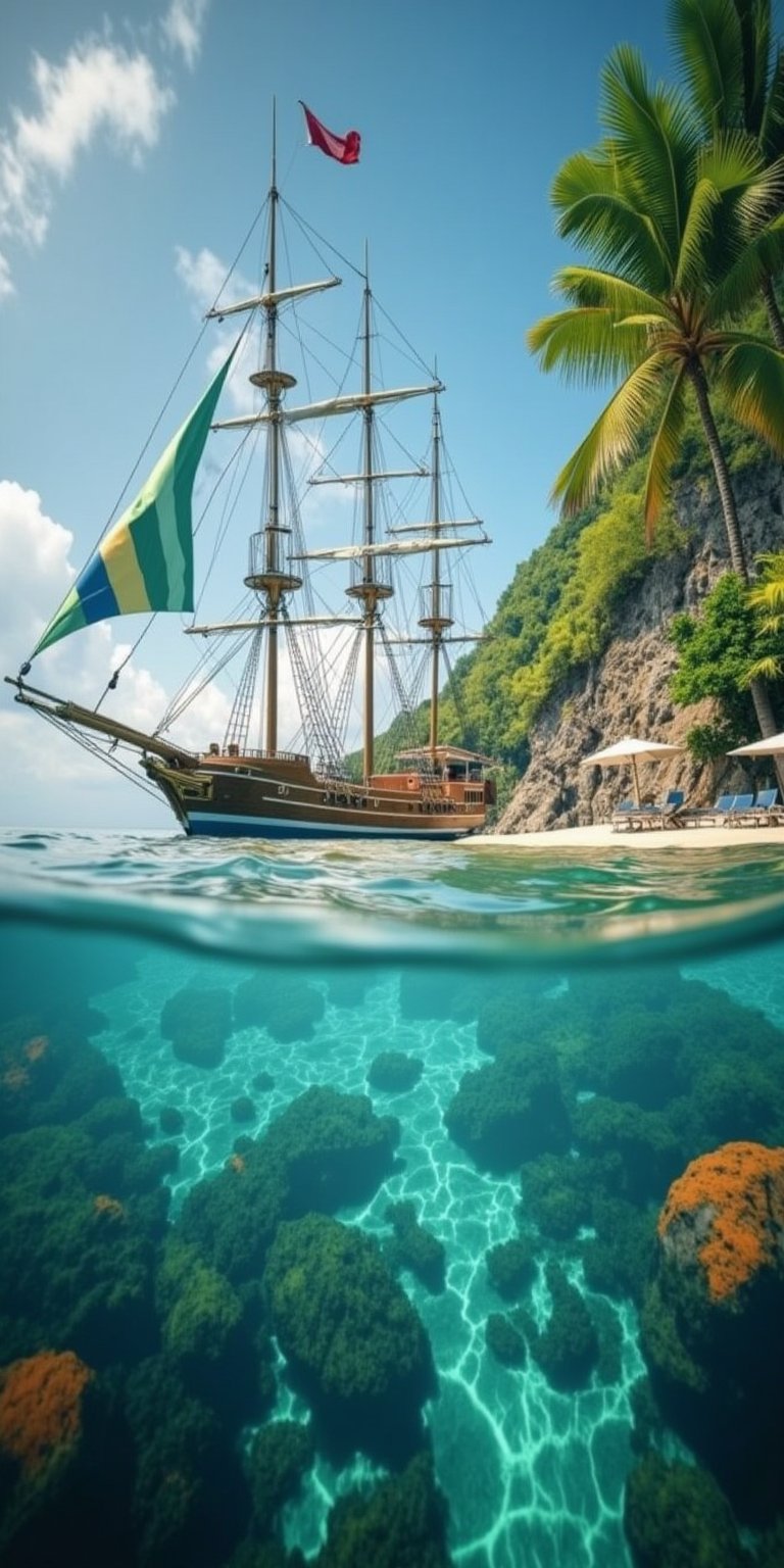 POV angle water, MAGICAL cute STORYBOOK tropical bay , shabby STYLE lovely sailing ship on the beach, view on the tropical bay , summer, semi underwater view.  Modifiers: highly detailed dof trending on cgsociety steampunk fantastic view ultra detailed 4K 3D whimsical Storybook beautifully lit etheral highly intricate stunning color depth disorderly outstanding cute illustration cuteaesthetic Boris Vallejo style shadow play The mood is Mysterious and Spellbinding, with a sense of otherworldliness  otherwordliness macro photography style LEONARDO DIFFUSION XL STYLE vintage-futuristic