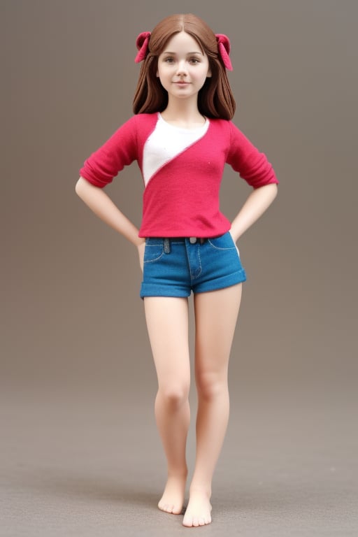 A young girl, around 11 years old, with a petite build and a mini-style, stands in alluring pose and the legs are slightly open. childish colorful wear