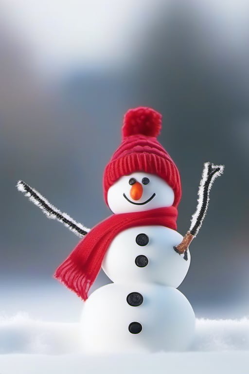 "A cheerful snowman with a smiling face made of coal, wearing a red knitted scarf and hat, against a soft blurred snowy backdrop."