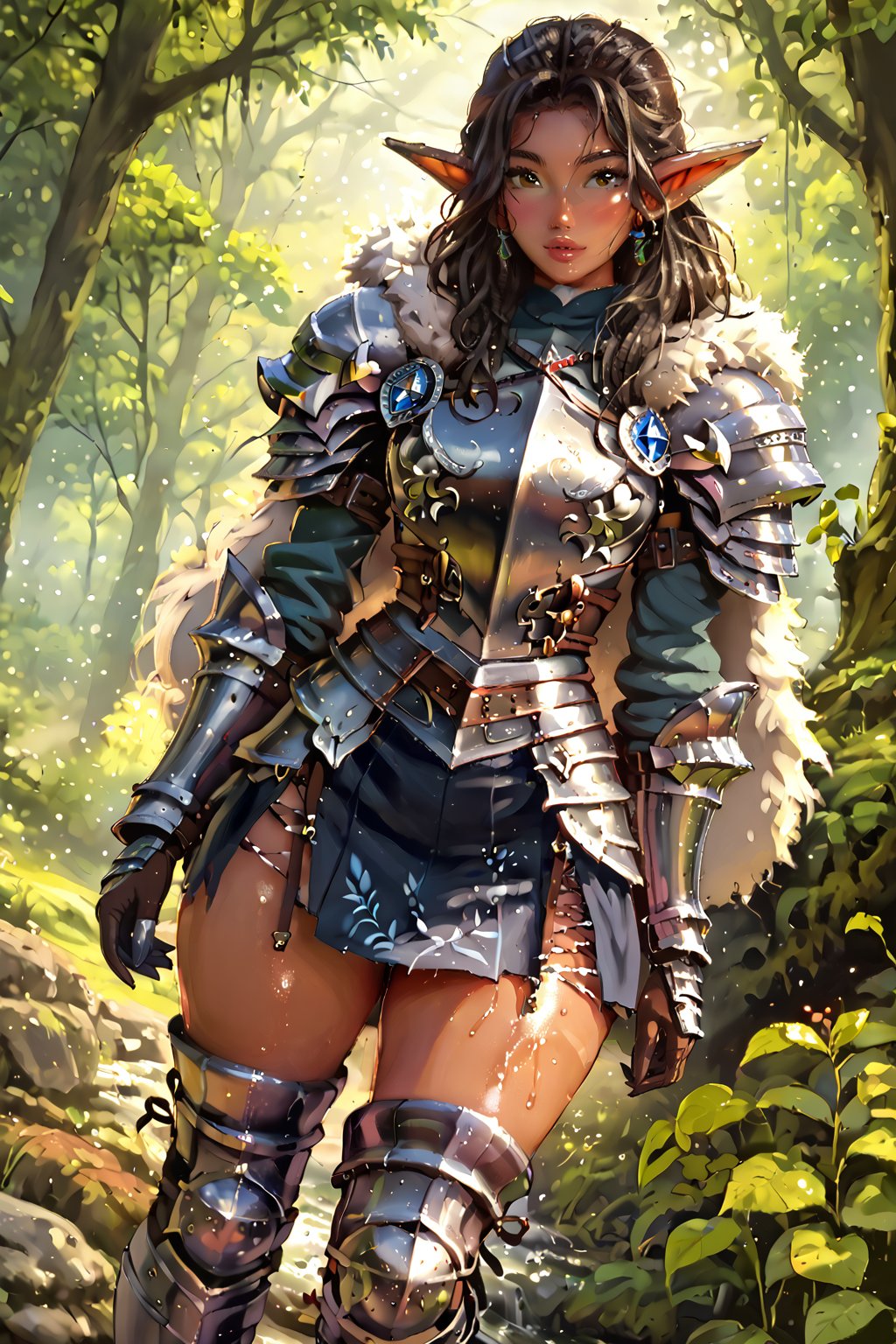 (Female elf knight at forest), (Elf ears), (tanned skin), (perfect skinny thick body), (detailed art skin, oiled skin, shinny skin, tanned skin), ((sensual skirt), wolf-fur cape, wolf fur set, leather stripes, silver details armor, (wolf knight armor), (knight female boots), (stylish clothes of fantasy)), (dead forest), (masterpiece), best quality, expressive eyes, perfect face, (uhd, hdr, colorful, high-contrast, highly-detailed, entricate, depht of field, post-processing effects, adaptative-bloom lighting), better photo angle, full body view