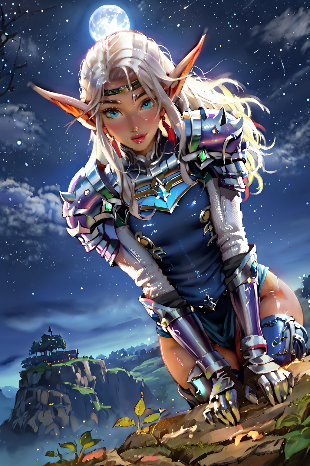 (Female elf rogue at night cliff view), (Elf ears), (tanned skin), (perfect skinny thick body), (detailed art skin, oiled skin, shinny skin, tanned skin), ((moon acessories), (moonstone glowing details), (silver shiny armor), (sensual stylish boots), (stylish clothes of fantasy)), (perfect night anime skies, cliffside, lonely night), (masterpiece), best quality, expressive eyes, perfect face, (uhd, hdr, colorful, high-contrast, highly-detailed, entricate, depht of field, post-processing effects, adaptative-bloom lighting), better photo angle, full body view