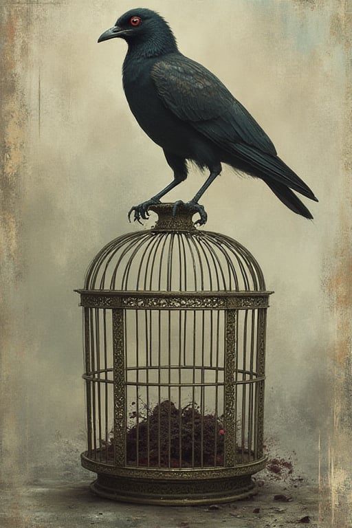 A bird with dark plumage and a bright red eye perches atop an ornate birdcage. The cage, filled with an obscured substance, contrasts with the bird’s natural beauty, symbolizing the tension between freedom and confinement