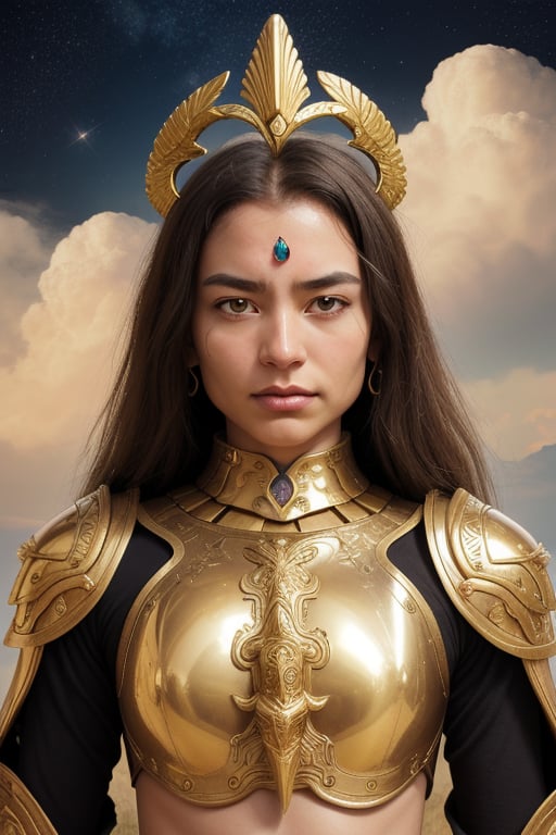 Imagine a world where ancient kingdoms are protected by elite warriors adorned in majestic golden armor. This armor, intricately designed with gemstones and a lion’s mane-like collar, signifies the highest rank and ceremonial importance. The sky above is filled with clouds and stars, adding to the mystical aura. The face of the warrior is obscured, emphasizing the craftsmanship and regal nature of the armor itself.