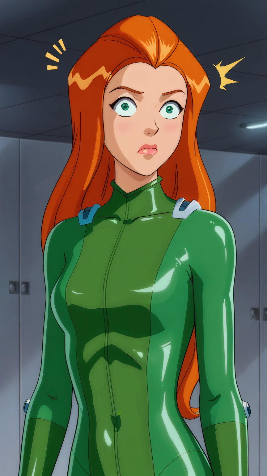 Closeup face shot of Sam from Totally Spies with extra long ginger hair, wearing a green latex bodysuit. She looks downwards with a surprised expression, set against a dimly lit room background. The composition highlights her intense gaze and the sleek texture of the bodysuit, with soft shadows accentuating her features.