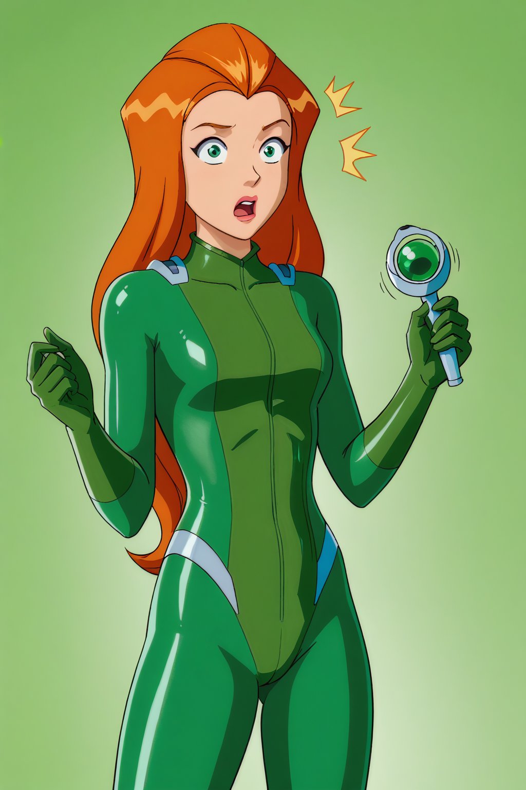 A full-body shot of Sam from Totally Spies with extra-long ginger hair, wearing a green latex bodysuit. She stands surprised, holding a tiny rod in her grasp. The scene is brightly lit, with a dynamic composition emphasizing her pose and the contrast of her outfit against a neutral background.