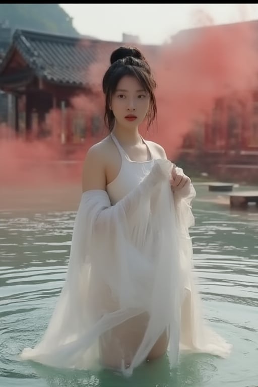 A Chinese Taoist woman wearing white Taoist robe, off shoulders, bar shoulders, single bun,cinematic light, perfect anatomy, (smoke:1.4), stand in water with front facing us, a drift of red smoke swirls around here, background is (Taoist temple:1.4), (swirls smoke:1.4), sharp focus, volumetric fog, 8k UHD, DSLR, high quality,subu