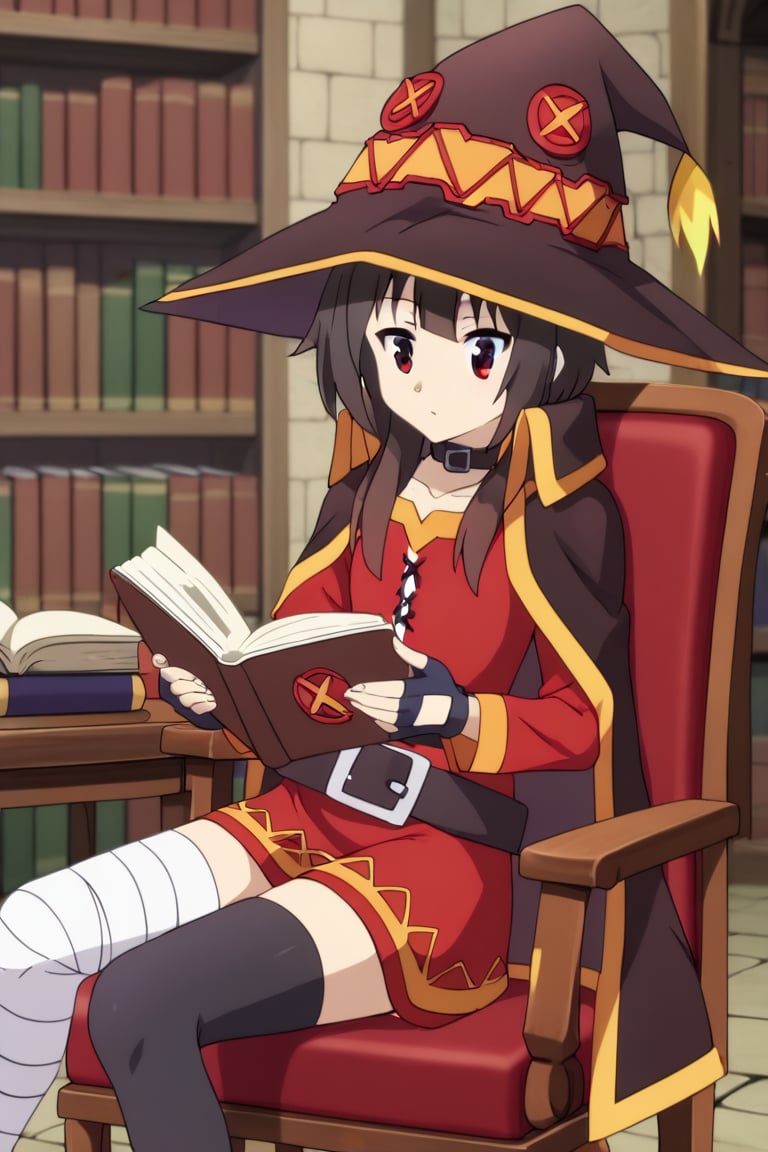 (((Appearance:

megumin, short hair, black hair, red eyes, short hair with long locks))),

(((Outfit:

thighhighs, gloves, hat, dress, black gloves, belt, black thighhighs, fingerless gloves, cape, collar, witch hat, bandages, red dress, single thighhigh, asymmetrical legwear, bandaged leg))), (((cute, reading a book, sitting on a chair, fully clothed, five fingers on each hand, paying attention, focused)))