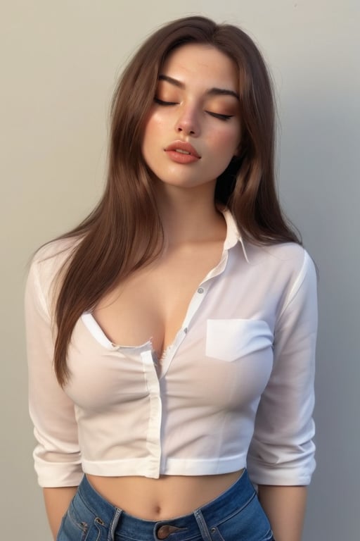 1girl, solo, long hair, breasts, brown hair, brown eyes, one eye closed, lips, realistic, hands in pockets