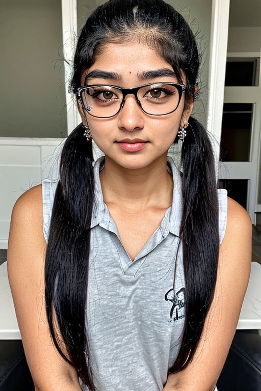 Mallu, 1girl, 18yo, solo, twin tail ponytail, two bun , long hair, looking at viewer, black hair, turtle, short trouser, upper body, earrings, eye glasses, black eyes, lips, realistic,  