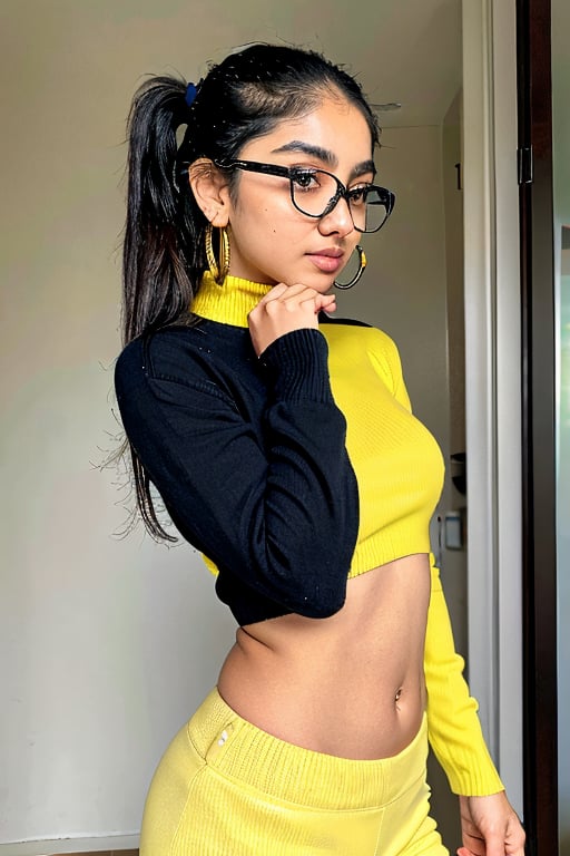 Mallu, 1girl, 18yo, solo, twin tail ponytail, two bun , long hair, looking at viewer, black hair, jewelry, turtle neck sweater, yellow, short trouser, morden dress, upper body, navel, , earrings, eye glasses, black eyes, lips, hoop earrings, realistic,mallu,  