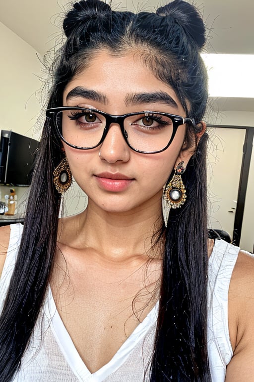 Mallu, 1girl, 18yo, solo, twin tail ponytail, two bun , long hair, looking at viewer, black big hair, upper body, navel, earrings, eye glasses, black eyes, lips, realistic,  