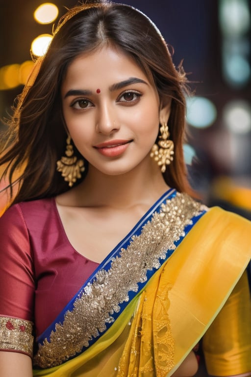 beautiful cute young attractive indian teenage girl, City girl, 27 years old, cute, Instagram model, long brown_hair, colorful hair, warm, dacing, in city night ,1girl,pov,photorealistic, indian Woman, tradition , Indian tradition,Woman ,indian , yellow saree