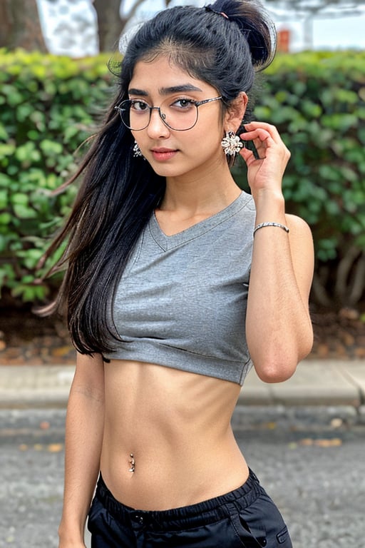 Mallu, 1girl, 18yo, solo, twin tail ponytail, two bun , long hair, looking at viewer, black big hair, short trouser, upper body, navel, earrings, eye glasses, black eyes, lips, realistic,  