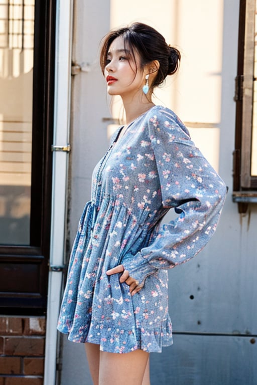 Generate hyper realistic image of a woman in a short dress with a floral print, her long sleeves adding a touch of elegance as she stands in a cowboy shot pose. Her white hair is styled in a chic ponytail, drawing attention to her striking profile and luscious lips, while dangling earrings catch the light.