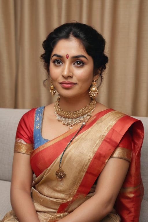 a beautiful Indian woman, dressed in a red saree, adorned with a gold necklace and earrings. Her hair is pulled back in a bun, cascading over her shoulders. Her eyes are adorned with blue eyes, adding a pop of color to her face. She is seated on a beige couch, her left arm resting on the armrest of the couch. The backdrop is a cream wall with a framed painting on it. To the left of the woman, a brown curtain with a brown tie is hanging from it.