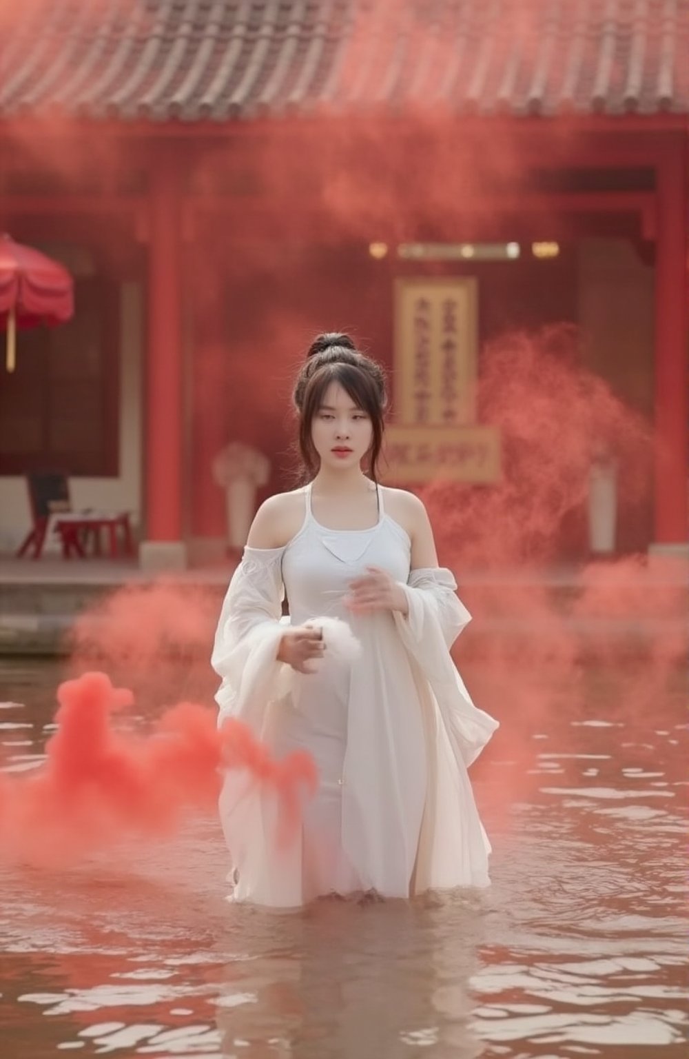 A Chinese Taoist woman wearing white Taoist robe, off shoulders, bar shoulders, single bun,cinematic light, perfect anatomy, (smoke:1.4), stand in water with front facing us, a drift of red smoke swirls around here, background is (Taoist temple:1.4), (swirls smoke:1.4), sharp focus, volumetric fog, 8k UHD, DSLR, high quality,subu