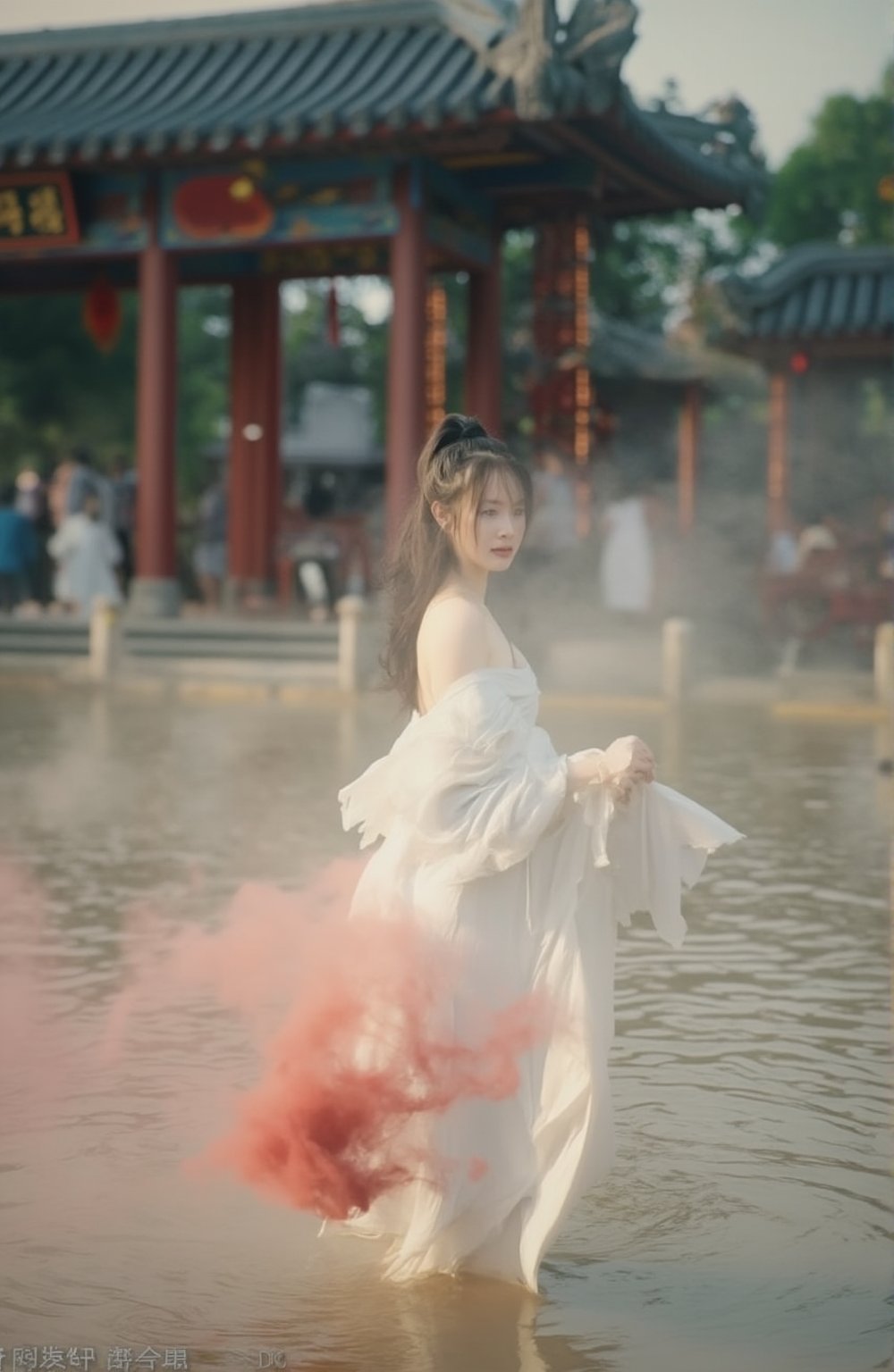 A Chinese Taoist woman wearing white Taoist robe, off shoulders, bar shoulders, single bun,cinematic light, perfect anatomy, (smoke:1.4), stand in water with front facing us, a drift of red smoke swirls around here, background is (Taoist temple:1.4), (swirls smoke:1.4), sharp focus, volumetric fog, 8k UHD, DSLR, high quality,subu