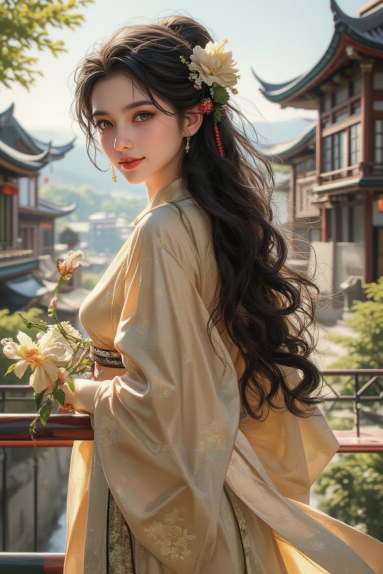 A beautiful Russian mixed-race girl with very long, slightly curly black hair adorned with hair accessories and a hair flower, standing solo outdoors near East Asian architecture. She wears a Japanese kimono with wide sleeves, a single bun, and a belt, holding various flowers. Her green bright eyes look at the viewer, with a slightly open smile revealing red lips, and a slightly red face. She has long sleeves, jewelry, and makeup, standing from the side near railings, under sunlight, in a neoclassical art style.