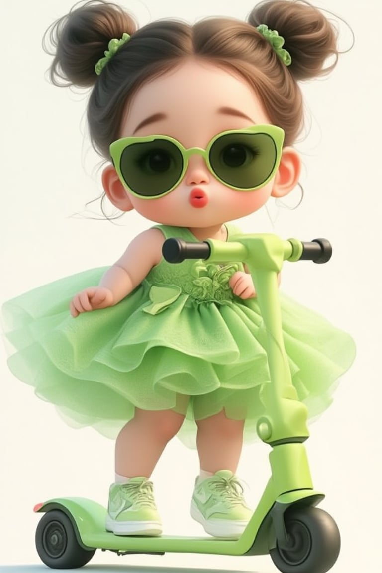 A simple background with a cute little girl, her hair tied in two braids. She wears stylish sunglasses and a beautiful green princess lace dress. Her Nike sneakers are visible as she plays with a green scooter, her lips slightly puckered in a cute pout. The scene is framed with a focus on her playful expression and the vibrant colors. Artwork is polished and refined, capturing the essence of a delightful moment.