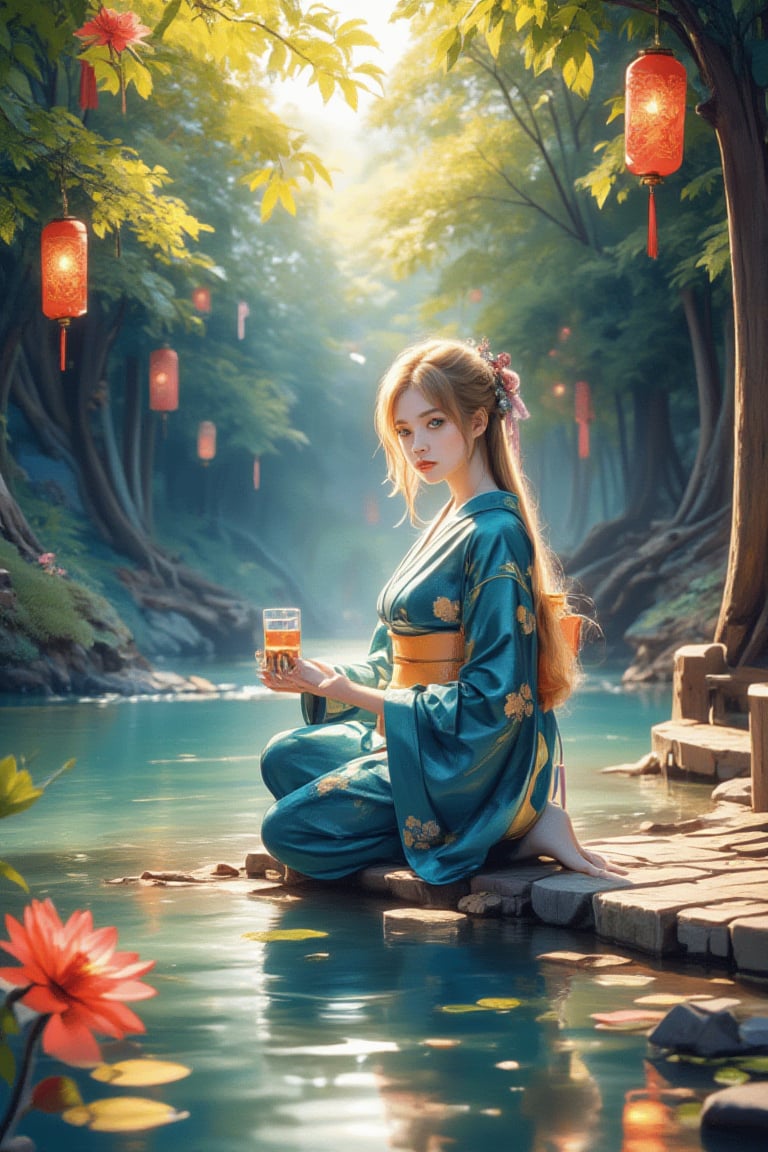 Medium shot of a young girl in a traditional kimono, kneeling by a tranquil river bank. Her intelligent green eyes and silky golden hair catch the soft sunlight, illuminating her pensive face as she gently places Toro water into the flowing river. The composition centers on her, with the river and vibrant lanterns radiating outward. Watercolor strokes in soft blue and green tones create a peaceful atmosphere. Warm lighting and floating lanterns add a soft glow to the tranquil scene.