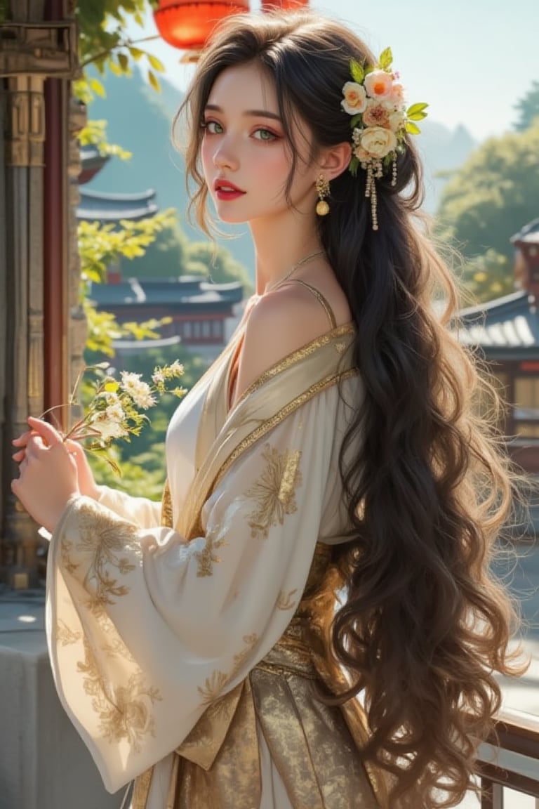 A beautiful Russian mixed-race girl with very long, slightly curly black hair adorned with hair accessories and a hair flower, standing solo outdoors near East Asian architecture. She wears a Japanese kimono with wide sleeves, a single bun, and a belt, holding various flowers. Her green bright eyes look at the viewer, with a slightly open smile revealing red lips, and a slightly red face. She has long sleeves, jewelry, and makeup, standing from the side near railings, under sunlight, in a neoclassical art style.