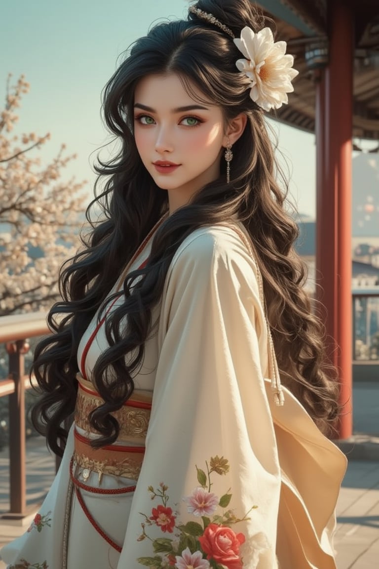 A beautiful Russian mixed-race girl with long, slightly curly black hair adorned with hair accessories and a hair flower, standing solo outdoors near East Asian architecture. She wears a Japanese kimono with wide sleeves, a single bun, and a belt, holding various flowers. Her green bright eyes look at the viewer, with a slightly open smile revealing red lips, and a slightly red face. She has long sleeves, jewelry, and makeup, standing from the side near railings, under sunlight, in a neoclassical art style.