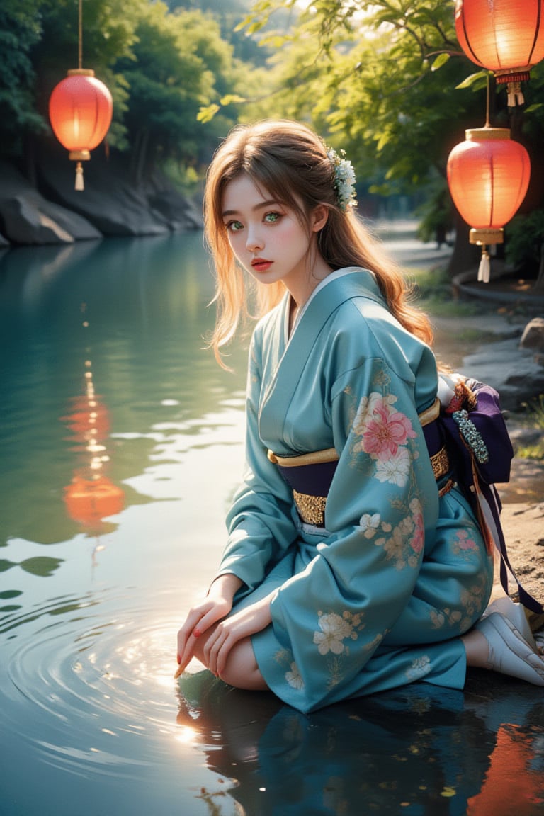 Medium shot of a young girl in a traditional kimono, kneeling by a tranquil river bank. Her intelligent green eyes and silky golden hair catch the soft sunlight, illuminating her pensive face as she gently places Toro water into the flowing river. The composition centers on her, with the river and vibrant lanterns radiating outward. Watercolor strokes in soft blue and green tones create a peaceful atmosphere. Warm lighting and floating lanterns add a soft glow to the tranquil scene.