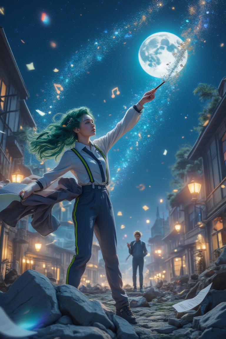 A 2D animation with an official art style, featuring a delicate and beautiful girl with bright blue star eyes and green asymmetrical long curly hair. She stands full body at a dynamic angle, conducting an outdoor concert under a midnight starry sky. Clad in a white shirt, gray suspenders, and a black technical jacket with green stripes and a tie, she holds a black baton and a magic wand, mesmerizing the audience. Sheet music and notes float around her, shimmering fragments adding depth. A male stands center stage, illuminated by moonlight, amidst a broken city in ruins. Meteor notes streak across the scene, captured in exquisite color blocks on a white background.