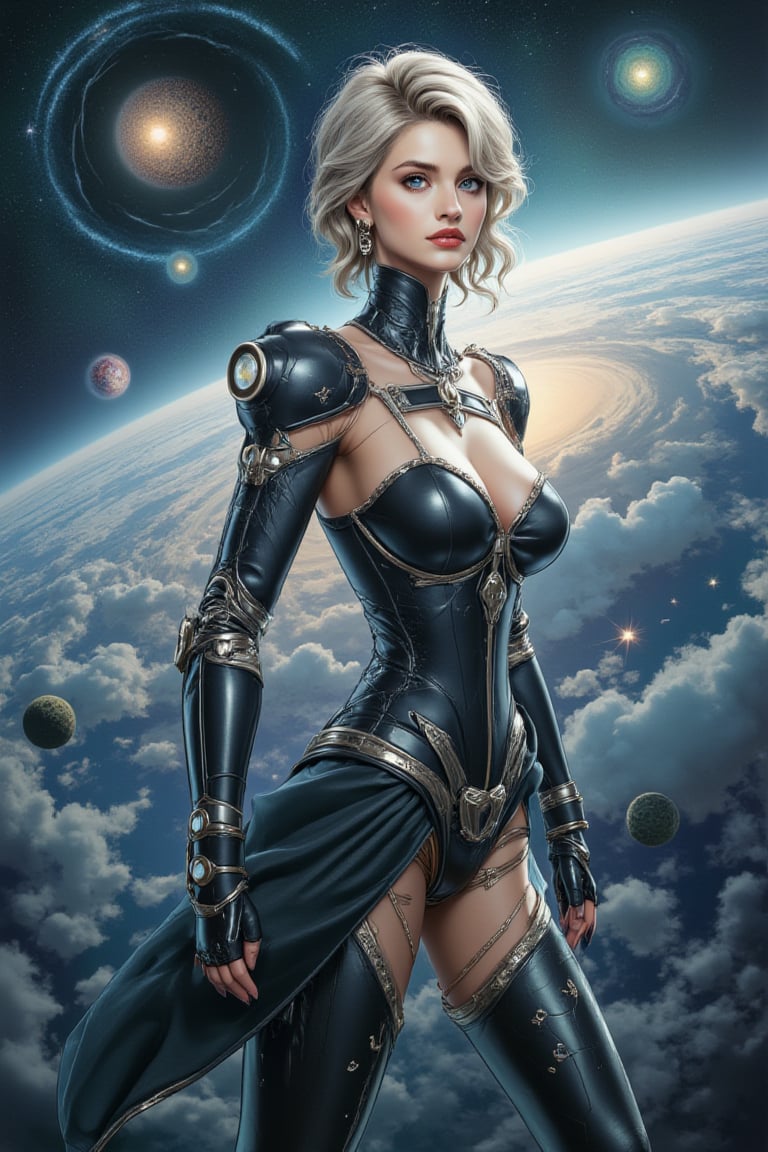 A futuristic femme fatale, half-humanoid robot, provocatively poses in front of a mesmerizing galactic background with swirling gas clouds and planets. Perfect lighting accentuates her porcelain skin, chiseled features, and toned physique in glamorous outfits. Her piercing gaze locks onto the viewer, exuding confidence and sensuality. Negative cues: technology and art.