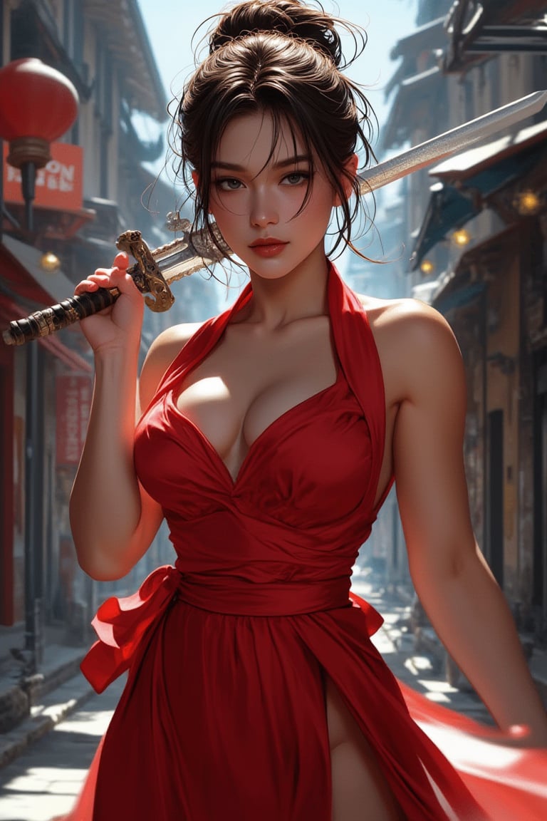 A close-up portrait of Chun-Li, dressed in a red dress, holding a sword, set in a vibrant urban street. The image features intricate details, capturing her confident expression and dynamic pose. The style is a blend of Ivan Talavera and Artgerm, with Artgerm's signature hyper-detailed aesthetic. The lighting is dramatic, highlighting her features and the texture of her dress. The composition is centered, focusing on Chun-Li's powerful presence.