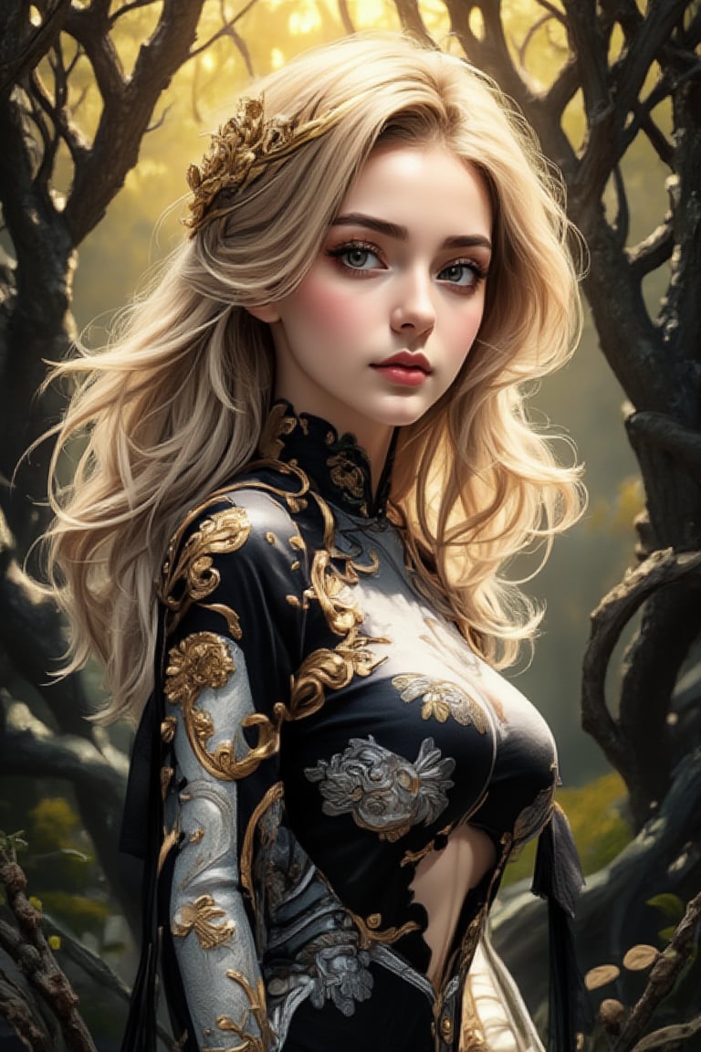 Lacquer painting style. An elegant blonde beauty exudes confidence, highlighting her silver and black outfit in an enchanted forest bathed in soft golden light. Her striking features, including long flowing hair like a moonlit stream, stand out against towering trees with twisted branches weaving a hypnotic dance.