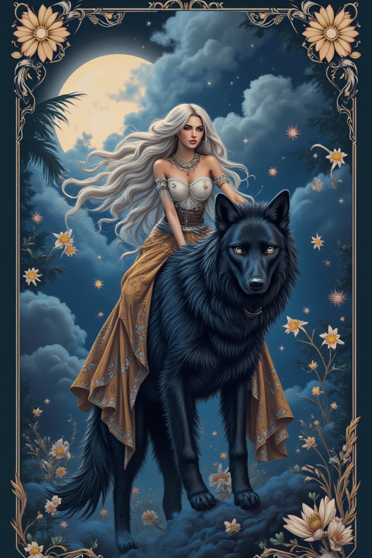 A striking scene featuring a fierce, ethereal Amazonian woman with flowing, iridescent white hair cascading like a waterfall of clouds. Her playful, mischievous expression is balanced by stoicism, with delicate blush adorning her cheeks. She sits atop a majestic, ancient-looking black dire wolf with fur shimmering hints of deep midnight blue. The mystical forest background is bathed in soft moonlight, with bioluminescent plants glowing subtly, casting an enchanting aura. The atmosphere is infused with adventure and magic, reminiscent of high fantasy illustrations by Brian Froud or Julie Bell. Gorgeous, multicolored hair, blue eyes, eccentric, Ben Bauchau, Michael Garmash, Daniel F Gerhartz, Clint Cearley, Carne Griffiths, Jean Baptiste Monge, strybk style, warm dreamy lighting, matte background, volumetric lighting, pulp adventure style, fluid acrylic, dynamic gradients, bold color, illustration, highly detailed, simple, smooth and clean vector curves, vector art, smooth, Johan Grenier, character design, 3D shadowing, fanbox, cinematic, ornate motifs, elegant organic framing, hyperrealism, posterized, masterpiece collection, bright lush colors, TXAA, penumbra, alcohol paint, wet gouache, ultrarealistic, film grain, surreal, moody, ethereal fantasy, amazing depth, cinematic film still, sharp focus, James Christensen, bohemian, Boho gypsy, Gustav Klimt, Anne Bachelier, Lillian Bassman, Erwin Blumenfeld, shabby chic, 1920s retrofuturism, industrial, art deco, coherent, Dieselpunk, sparkles, in the style of Vargas.