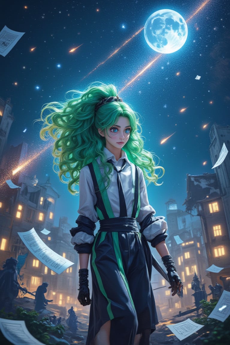 A 2D official art animation with an extremely delicate and beautiful style, featuring a dynamic super wide-angle shot on a white background. A full-body 1girl stands in the center, looking at the audience with bright blue star eyes and green asymmetrical long curly hair, combed back on one side. She holds a black baton and a magic wand, wearing black leather gloves, a white shirt, gray suspenders, and a black technical jacket with green stripes and a tie. Sheet music and notes float around her, shimmering fragments adding depth. The scene is set at midnight during an outdoor concert under a starry sky, with a male standing center stage under moonlight. The background shows a broken city in ruins, with meteors occasionally appearing.