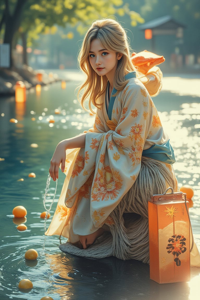 Medium shot of a young girl wearing a traditional kimono, kneeling by a tranquil river bank. She has intelligent green eyes and beautiful silky golden hair, looking brightly at the camera and gently placing Toro water into the flowing river with her hands. Soft sunlight illuminates her pensive face, with a Japanese pattern in the background. The composition centers on the girl, with the river and lanterns radiating outward. Watercolor strokes in soft blue and green tones reflect a peaceful atmosphere. Warm lighting and vibrant lanterns floating lazily on the water add to the tranquil scene with their soft glow.