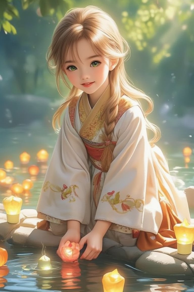 Medium shot of a young girl in a traditional kimono, kneeling by a tranquil river bank. She has intelligent green eyes and beautiful silky golden hair, looking brightly at the camera. She gently places Toro water into the flowing river with her hands. Soft sunlight illuminates her pensive face, with a Japanese pattern in the background. The composition centers on the girl, with the river and lanterns radiating outward. Watercolor strokes in soft blue and green tones reflect a peaceful atmosphere. Warm lighting and vibrant lanterns floating lazily on the water add to the tranquil scene with their soft glow.