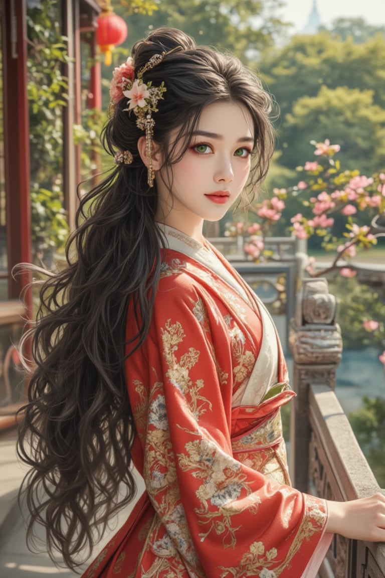 A beautiful Russian mixed-race girl with very long, slightly curly black hair adorned with hair accessories and a hair flower, standing solo outdoors near East Asian architecture. She wears a Japanese kimono with wide sleeves, a single bun, and a belt, holding various flowers. Her green bright eyes look at the viewer, with a slightly open smile revealing red lips, and a slightly red face. She has long sleeves, jewelry, and makeup, standing from the side near railings, under sunlight, in a neoclassical art style.