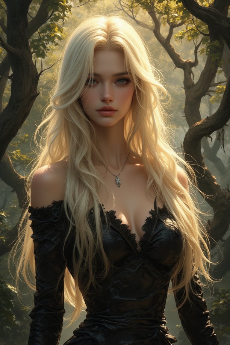 Lacquer painting style. An elegant blonde beauty, exuding confidence, highlights her silver and black outfit in an enchanted forest bathed in soft golden light. Her striking features, including long flowing hair like a moonlit stream, stand out against the backdrop of towering trees with twisted branches intertwining in a hypnotic dance. The painting captures every detail, from her outfit's intricate design to the forest's lush foliage.