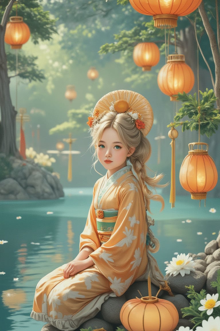 Medium shot of a young girl wearing a traditional kimono kneeling by a tranquil river bank. She has intelligent green eyes and beautiful silky golden hair, looking brightly at the camera and gently placing Toro water into the flowing river with her hands. Soft sunlight illuminates her pensive face, with a Japanese pattern in the background. The composition centers on the girl, with the river and lanterns radiating outward. Watercolor strokes in soft blue and green tones reflect a peaceful atmosphere. Warm lighting and vibrant lanterns floating lazily on the water add to the tranquil scene with their soft glow.