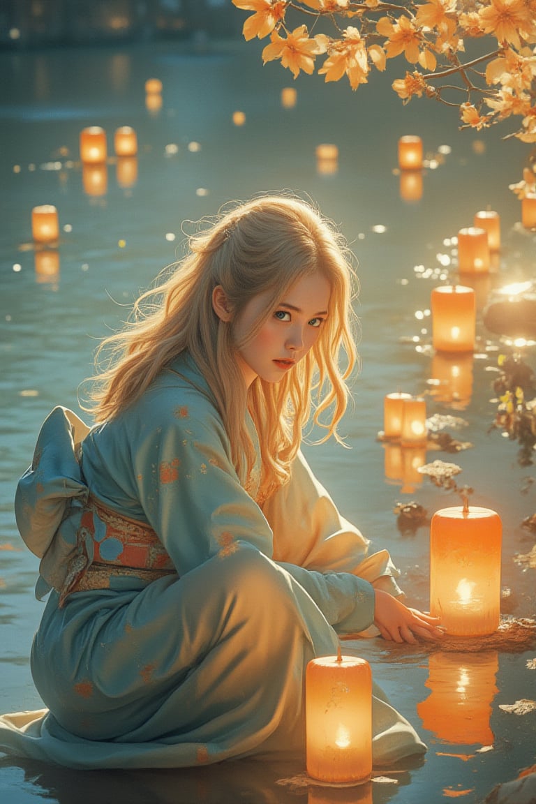 Medium shot of a young girl wearing a traditional kimono, kneeling by a tranquil river bank. She has intelligent green eyes and beautiful silky golden hair, looking brightly at the camera and gently placing Toro water into the flowing river with her hands. Soft sunlight illuminates her pensive face, with a Japanese pattern in the background. The composition centers on the girl, with the river and lanterns radiating outward. Watercolor strokes in soft blue and green tones reflect a peaceful atmosphere. Warm lighting and vibrant lanterns floating lazily on the water add to the tranquil scene with their soft glow.