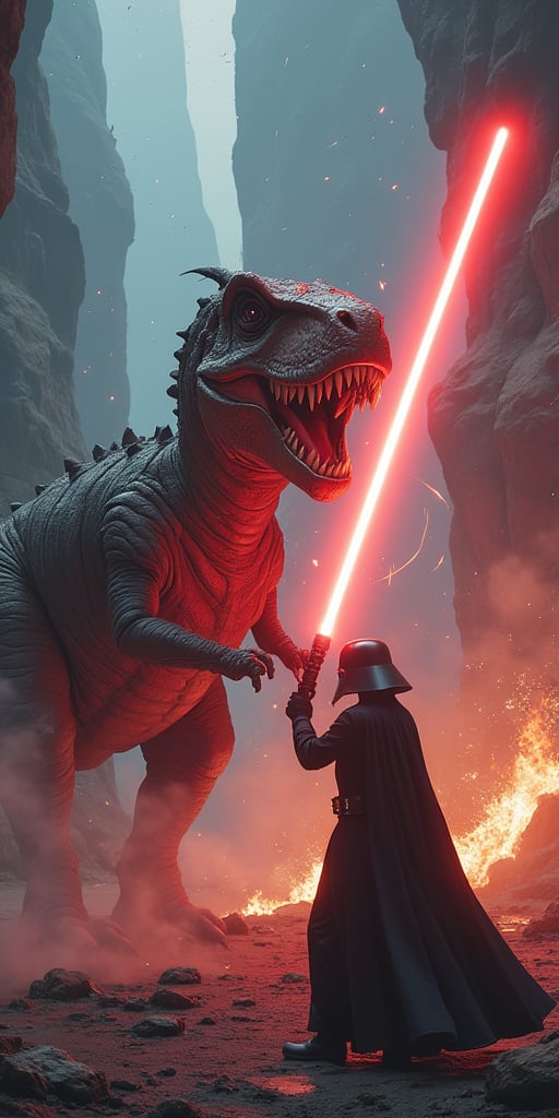 vicious lightsabre wedding alien fights on epic battle aboard a crashing spaceship.
barny the dinosaur fighting darth vader