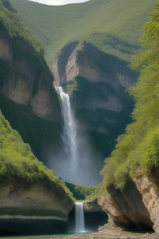 epic waterfall and rolling cliffs, vegetation growing here and there.