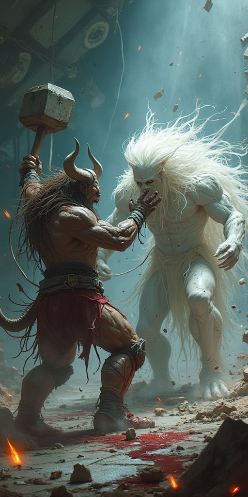 A bloodied Minotaur fighting in an epic battle against  a ghostly white banshee aboard a crashing spaceship command centre. the spaceship has a series of small eplosions and electrical equipment sparking. Both combatants are filled with hatred for one another. The Banshee is striking with a cutless and the Minotaur is weilding a mighty sledgehammer.